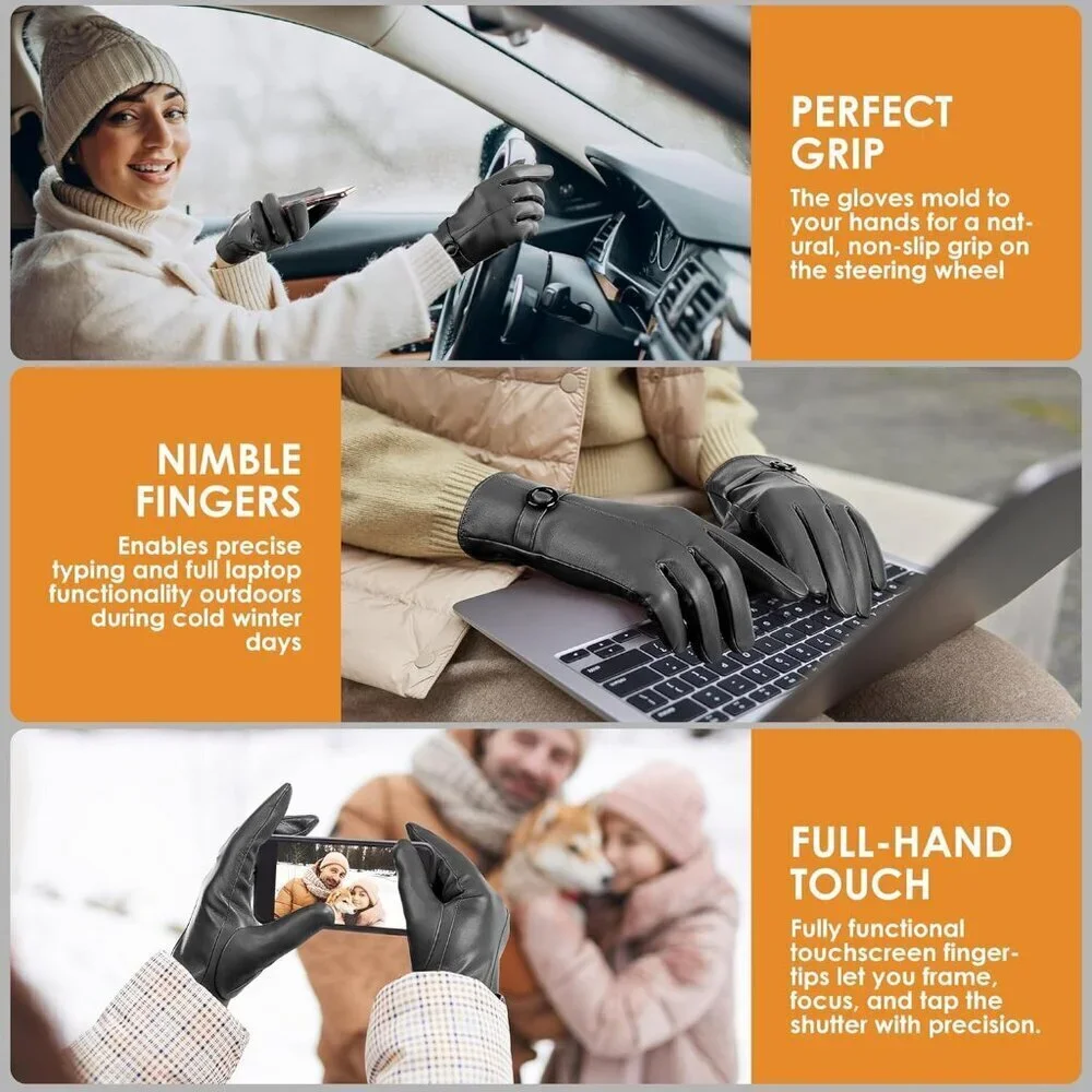 Women's Winter Leather Gloves Texting Warm Driving Lambskin Gloves Grey